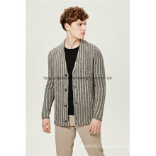 Striped V Neck Blend Yarn Men Cardigan